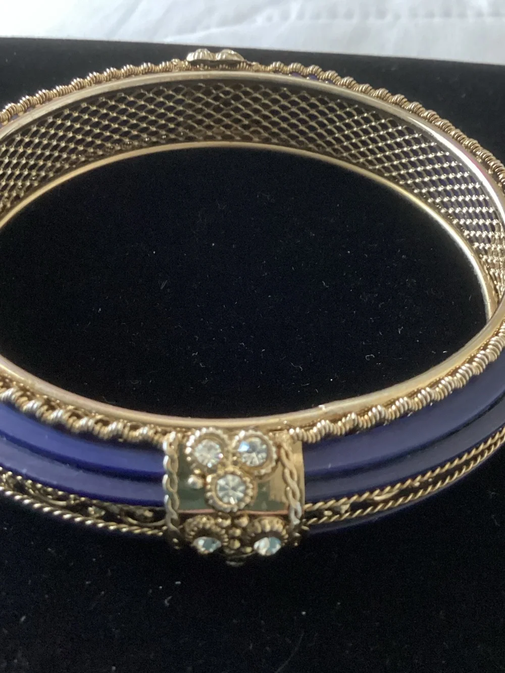 Vintage Indian Blue Enamel and Gold Filigree Bangle Bracelet!